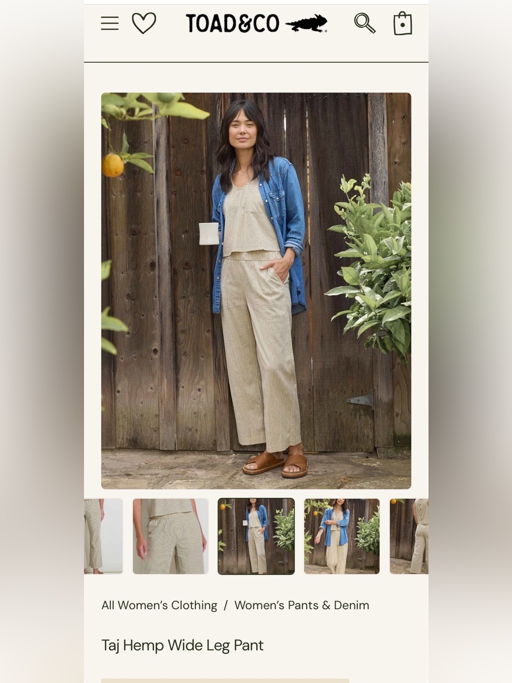 Toad and Co taj hemp wide leg pant